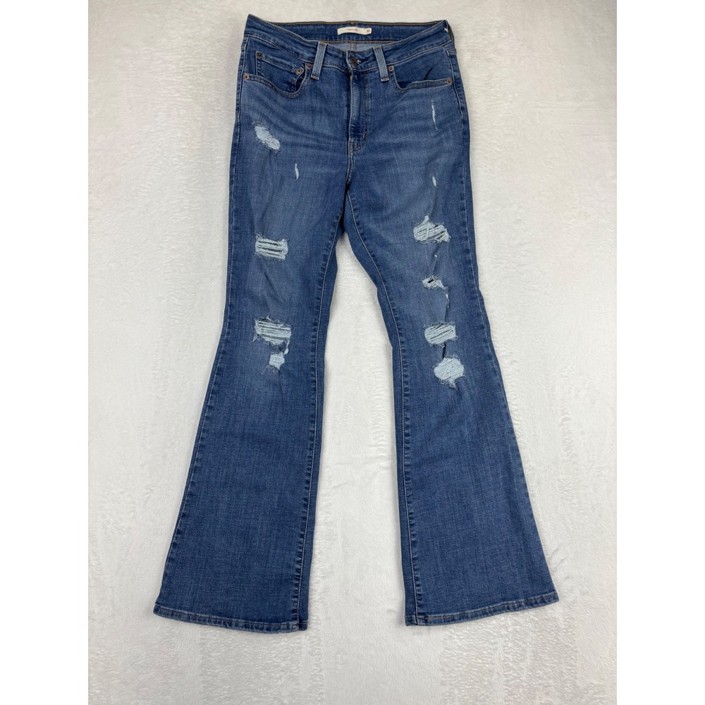 Levis 726 Womens 30x32 Jeans Deep Blue Medium Wash Distressed Denim High Flare